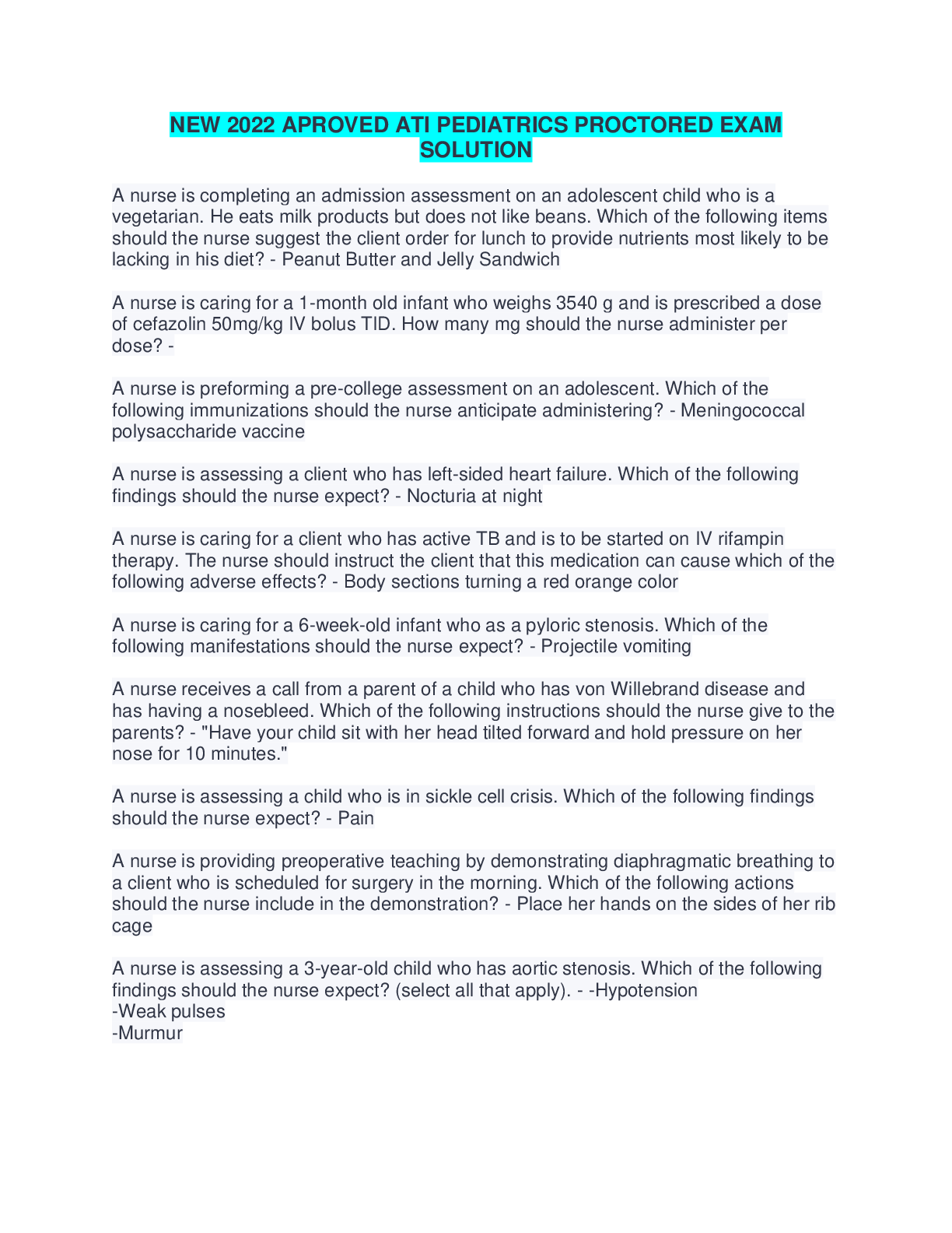 Preview image for NEW 2022 APROVED ATI PEDIATRICS PROCTORED EXAM SOLUTION